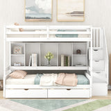Twin XL over Full Pinewood Bunk Bed with Built-in Bookshelves, Storage Drawers and Staircase