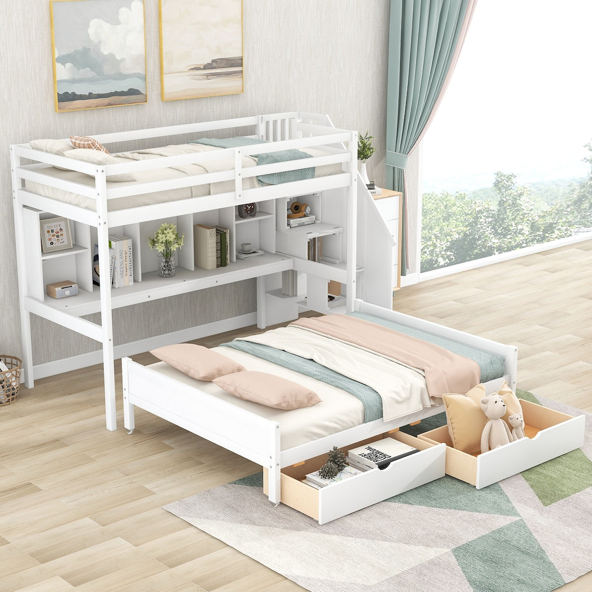 Twin XL over Full Pinewood Bunk Bed with Built-in Bookshelves, Storage Drawers and Staircase