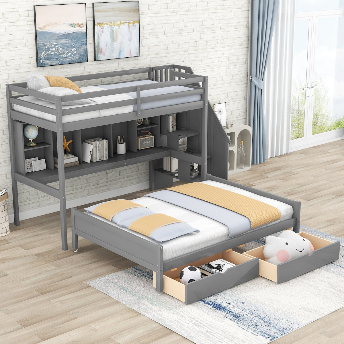 Twin XL over Full Pinewood Bunk Bed with Built-in Bookshelves, Storage Drawers and Staircase