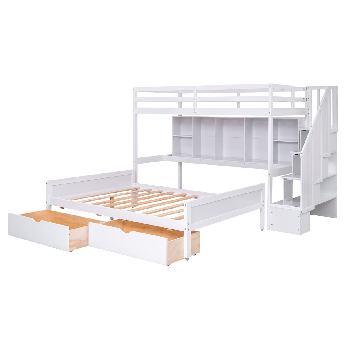 Twin XL over Full Pinewood Bunk Bed with Built-in Bookshelves, Storage Drawers and Staircase