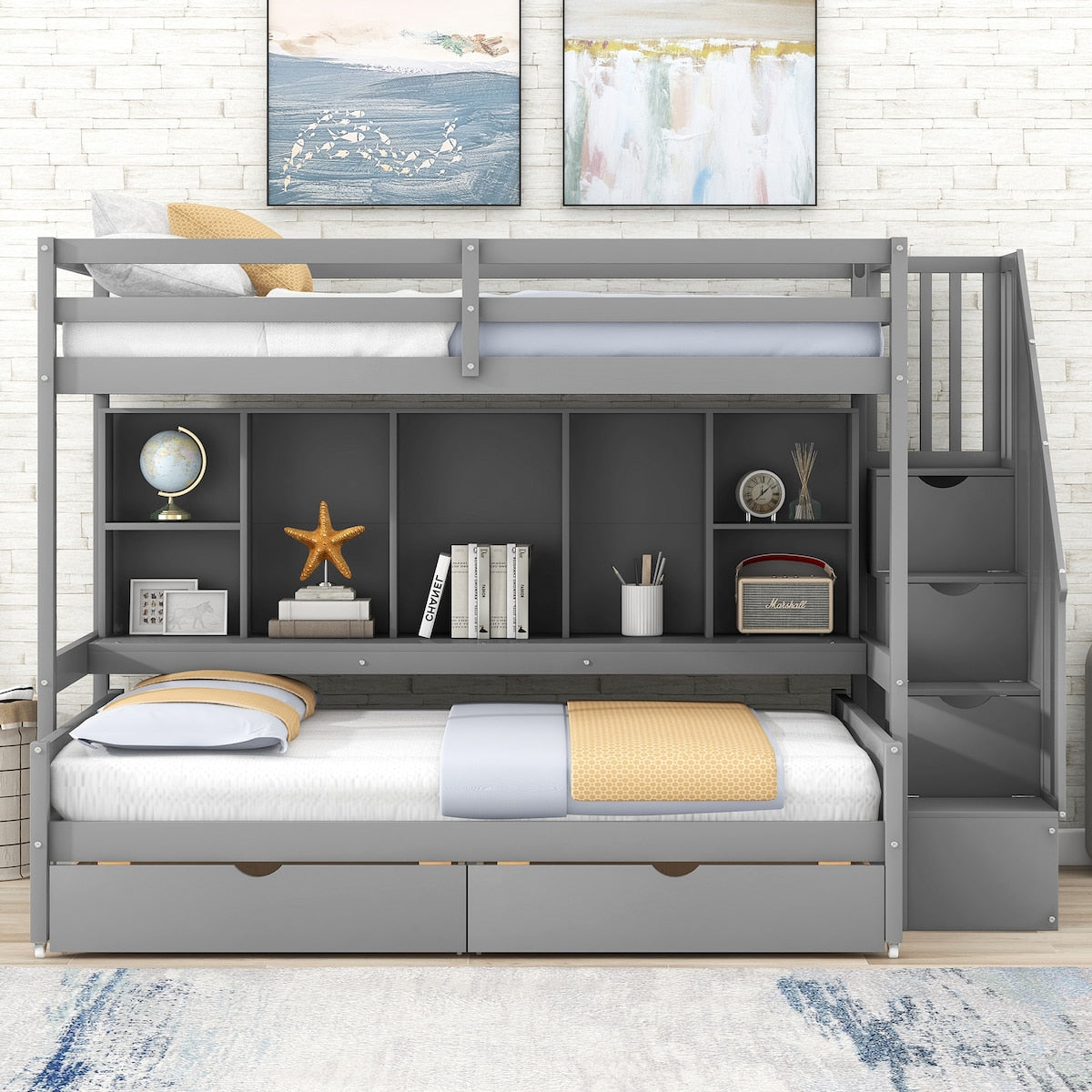 Twin XL over Full Pinewood Bunk Bed with Built-in Bookshelves, Storage Drawers and Staircase