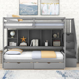 Twin XL over Full Pinewood Bunk Bed with Built-in Bookshelves, Storage Drawers and Staircase