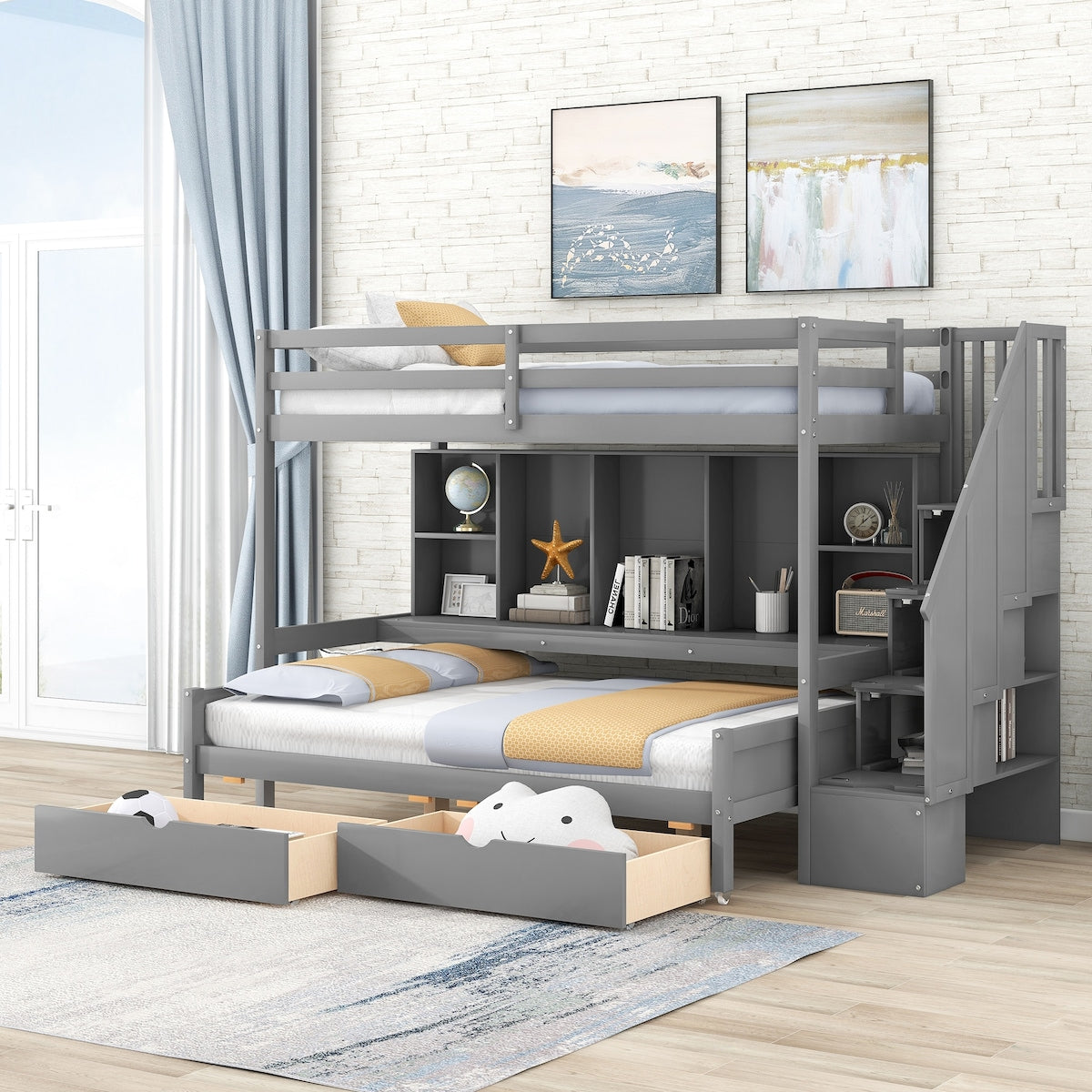Twin XL over Full Pinewood Bunk Bed with Built-in Bookshelves, Storage Drawers and Staircase