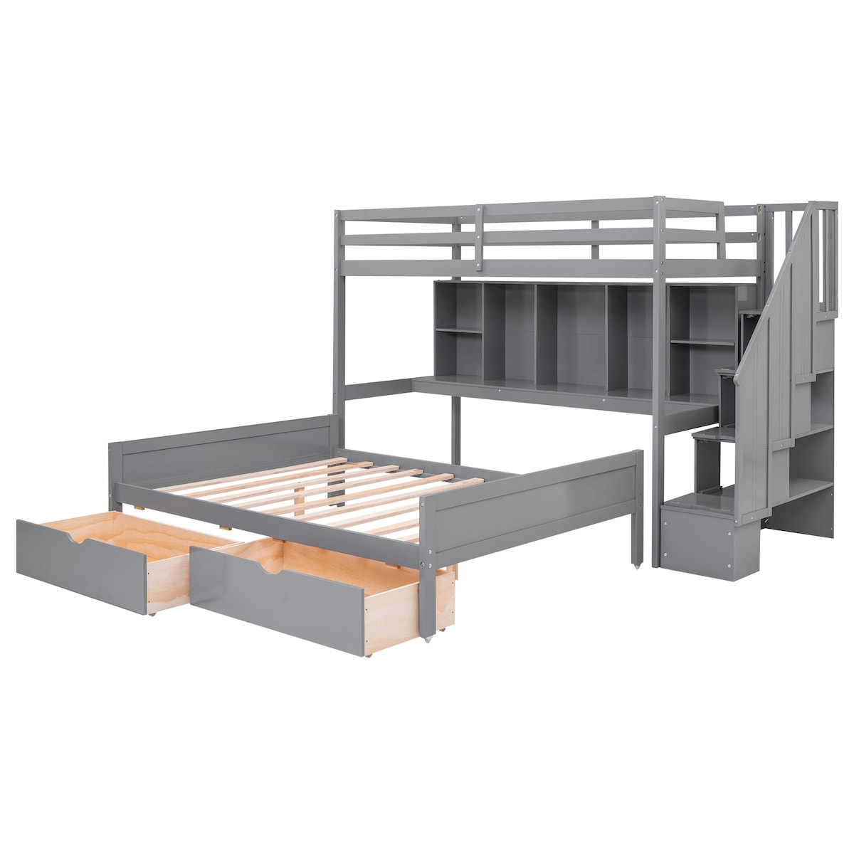 Twin XL over Full Pinewood Bunk Bed with Built-in Bookshelves, Storage Drawers and Staircase