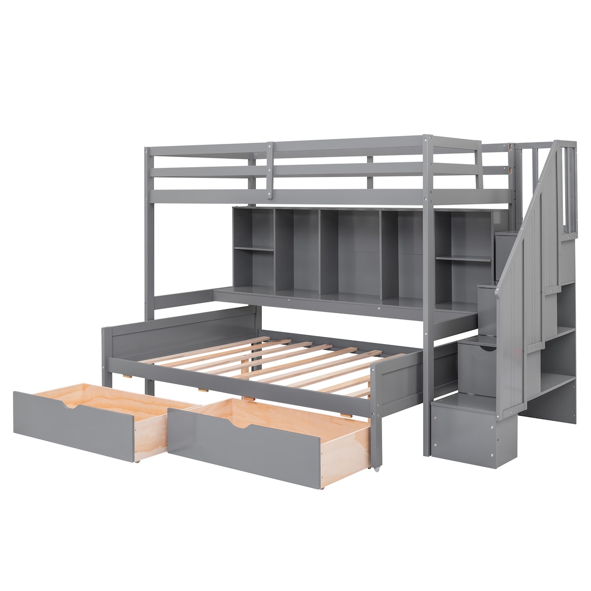 Twin XL over Full Pinewood Bunk Bed with Built-in Bookshelves, Storage Drawers and Staircase