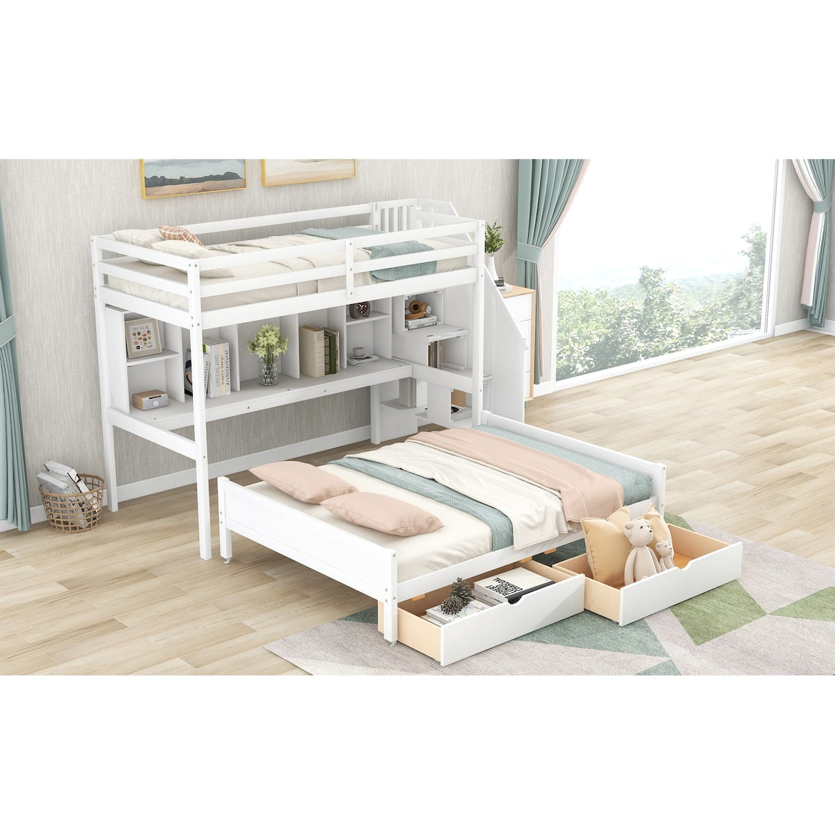 Twin XL over Full Pinewood Bunk Bed with Built-in Bookshelves, Storage Drawers and Staircase