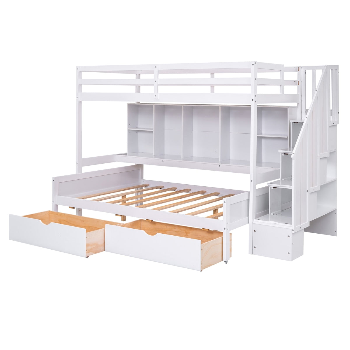 Twin XL over Full Pinewood Bunk Bed with Built-in Bookshelves, Storage Drawers and Staircase