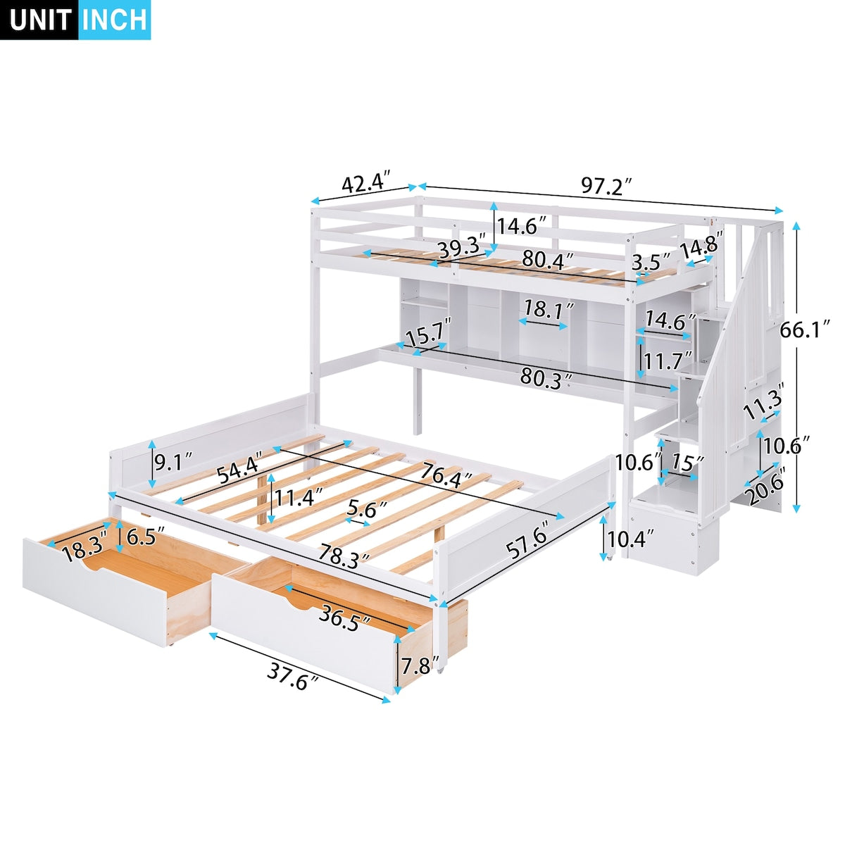 Twin XL over Full Pinewood Bunk Bed with Built-in Bookshelves, Storage Drawers and Staircase