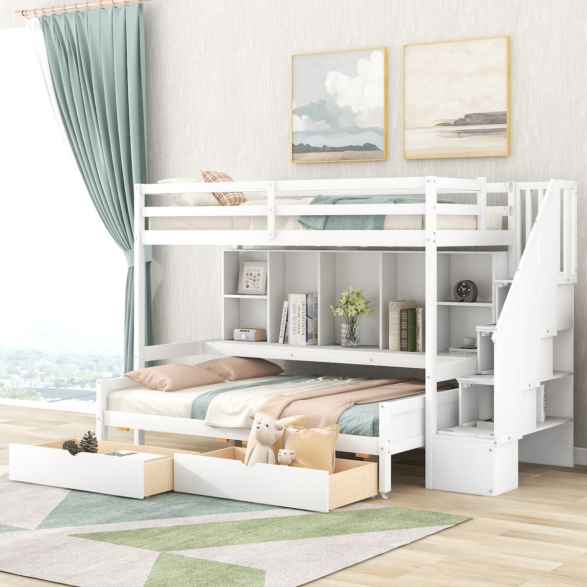 Twin XL over Full Pinewood Bunk Bed with Built-in Bookshelves, Storage Drawers and Staircase