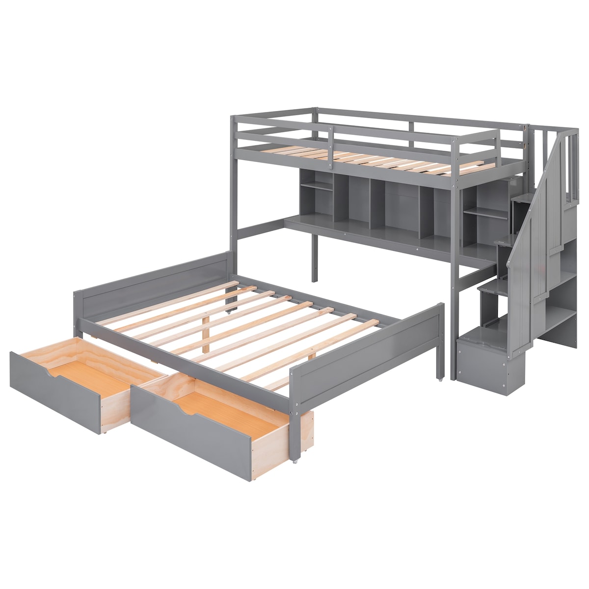 Twin XL over Full Pinewood Bunk Bed with Built-in Bookshelves, Storage Drawers and Staircase