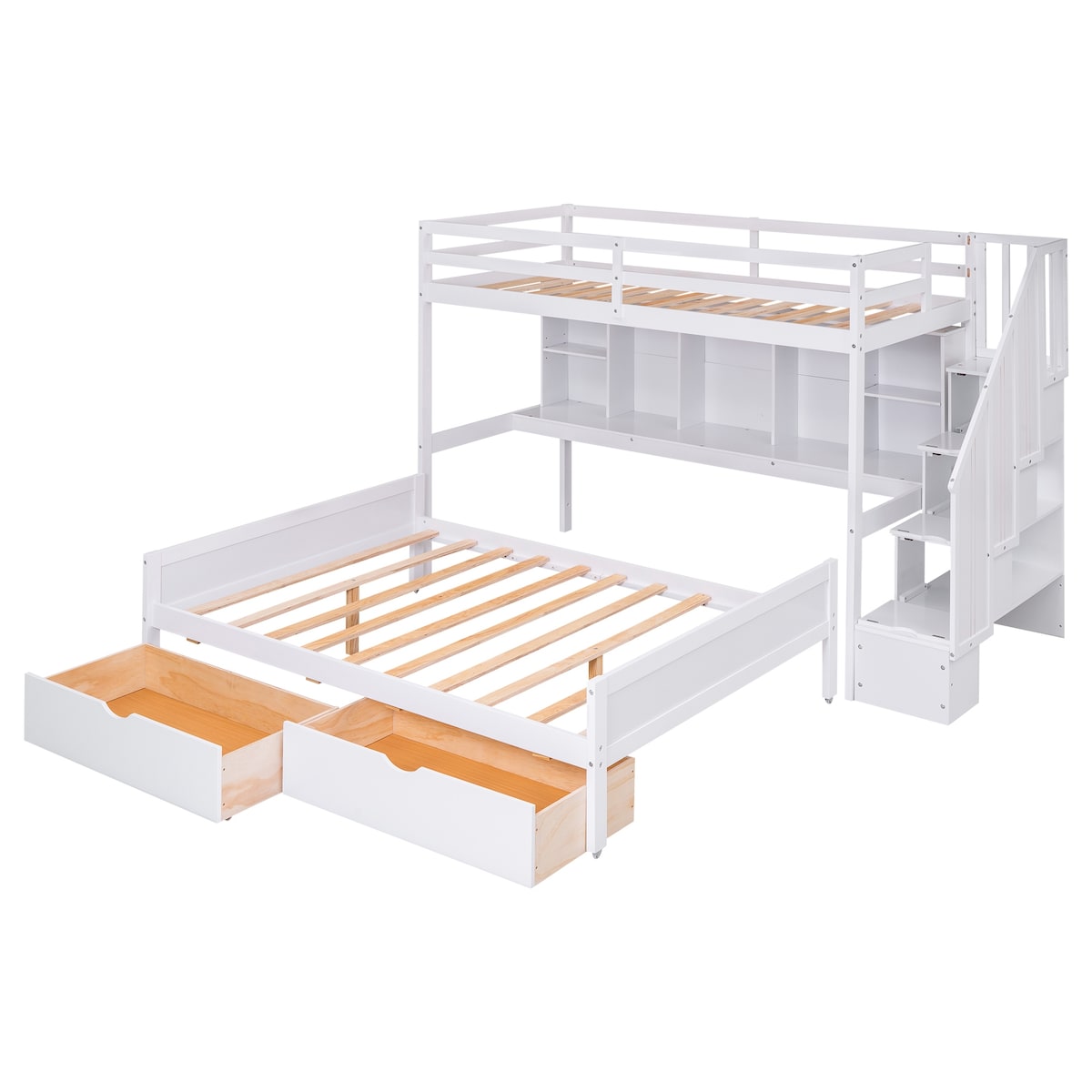 Twin XL over Full Pinewood Bunk Bed with Built-in Bookshelves, Storage Drawers and Staircase
