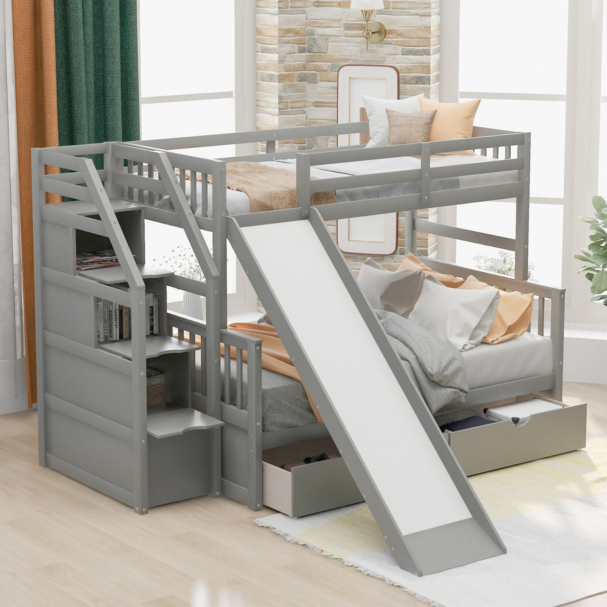 Twin over Full Bunk Bed with Drawers,Storage and Slide, Multifunction