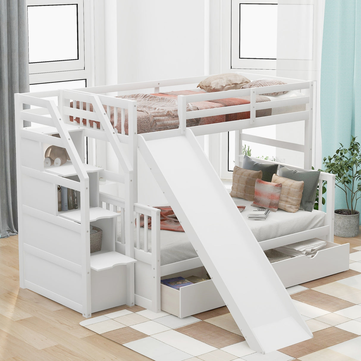 Twin over Full Bunk Bed with Drawers,Storage and Slide, Multifunction