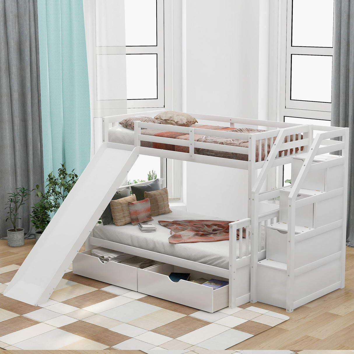 Twin over Full Bunk Bed with Drawers,Storage and Slide, Multifunction