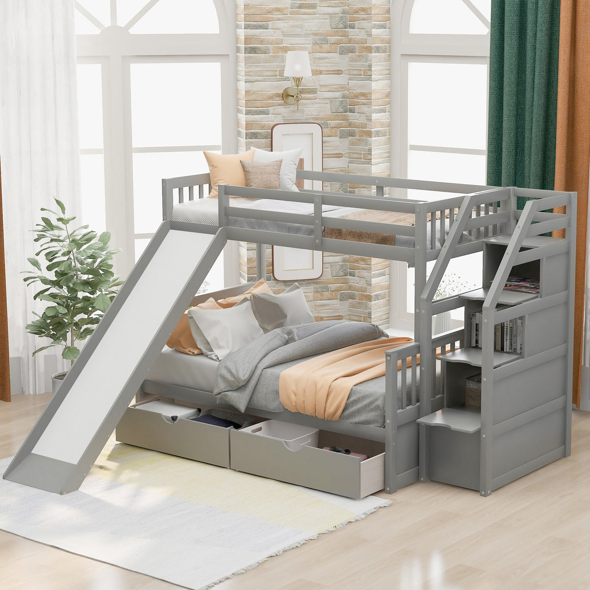 Twin over Full Bunk Bed with Drawers,Storage and Slide, Multifunction
