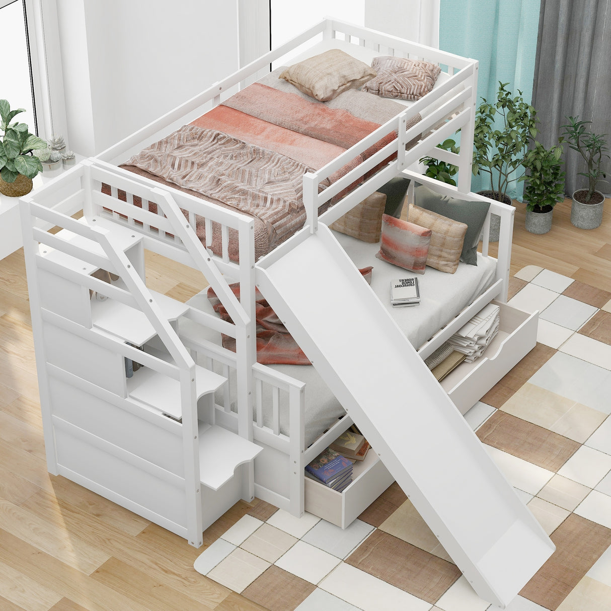 Twin over Full Bunk Bed with Drawers,Storage and Slide, Multifunction