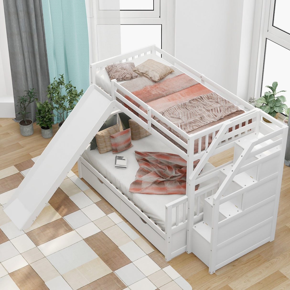 Twin over Full Bunk Bed with Drawers,Storage and Slide, Multifunction