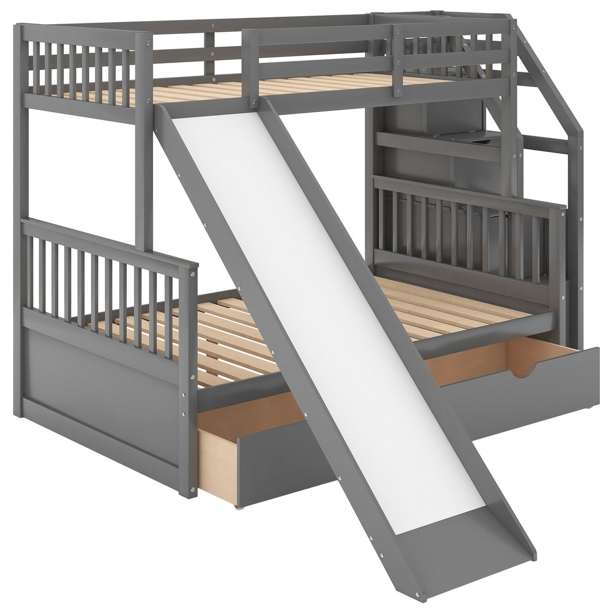 Twin over Full Bunk Bed with Drawers,Storage and Slide, Multifunction