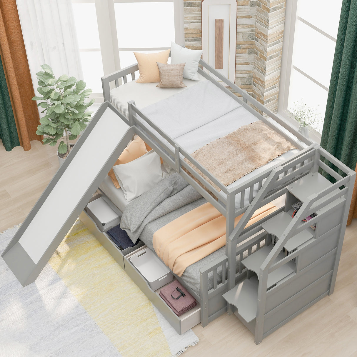 Twin over Full Bunk Bed with Drawers,Storage and Slide, Multifunction