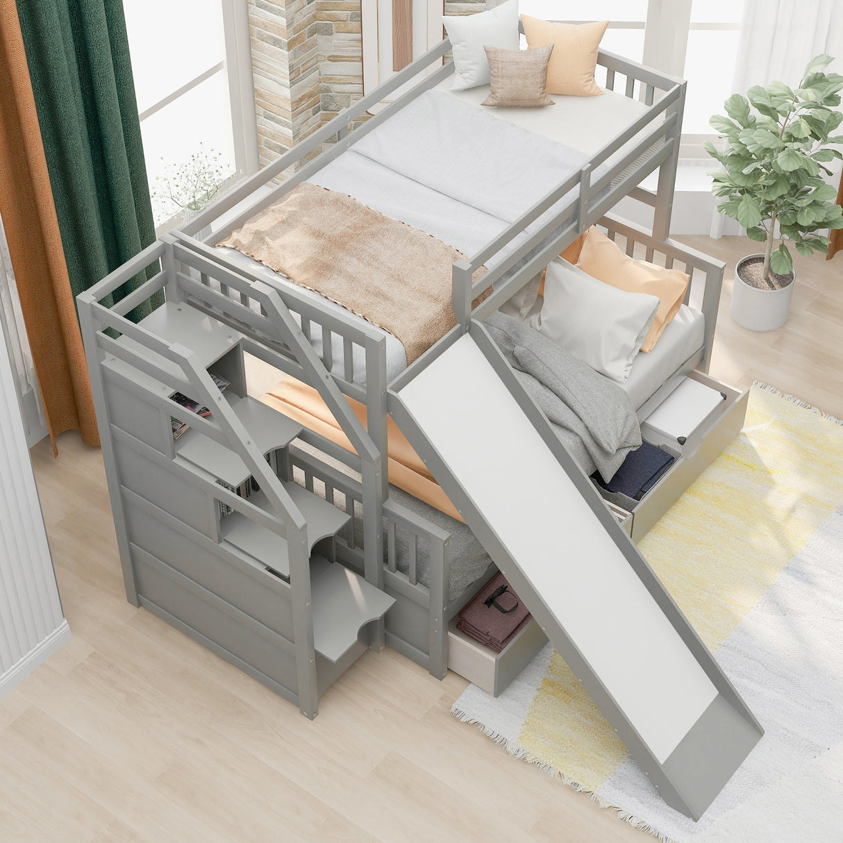 Twin over Full Bunk Bed with Drawers,Storage and Slide, Multifunction