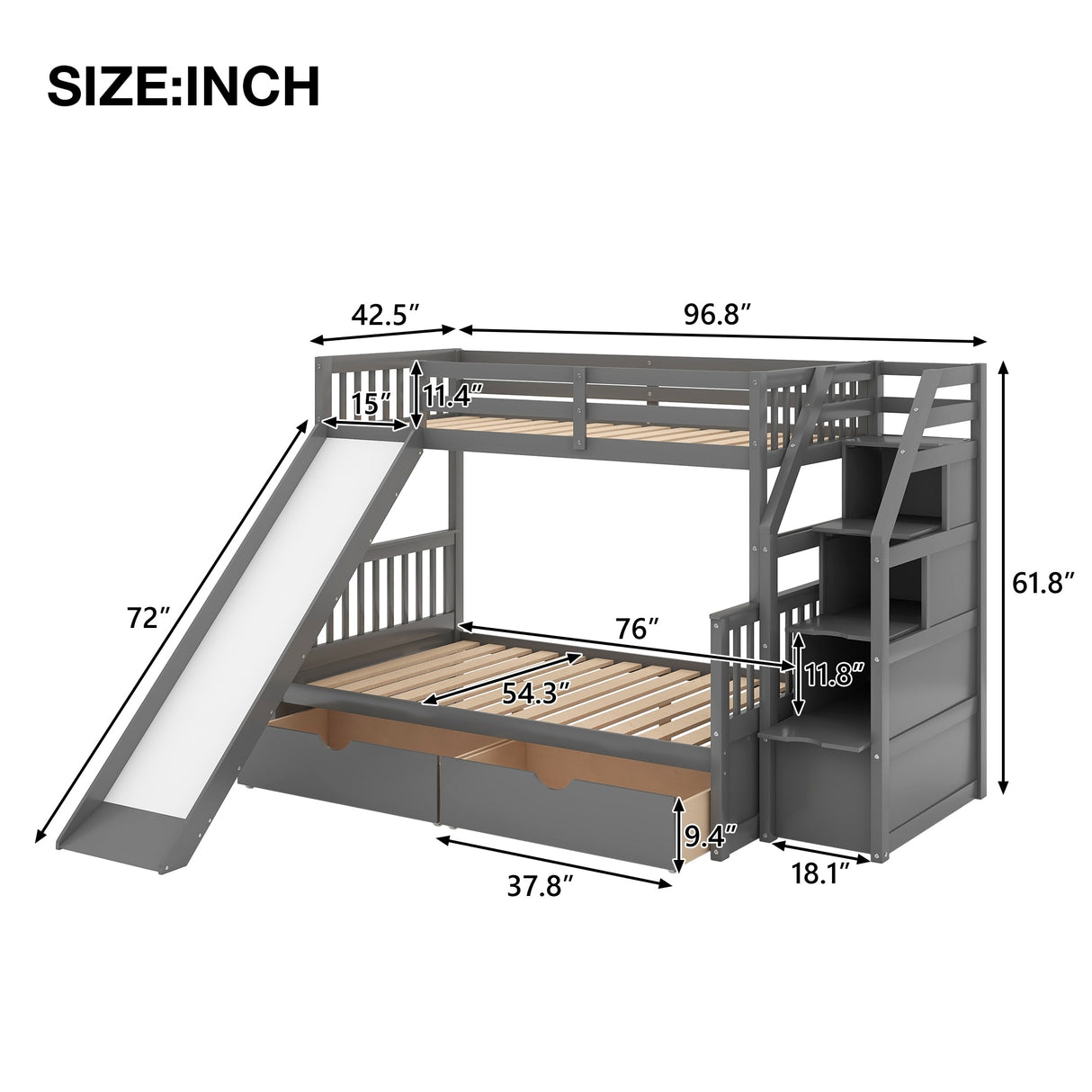 Twin over Full Bunk Bed with Drawers,Storage and Slide, Multifunction