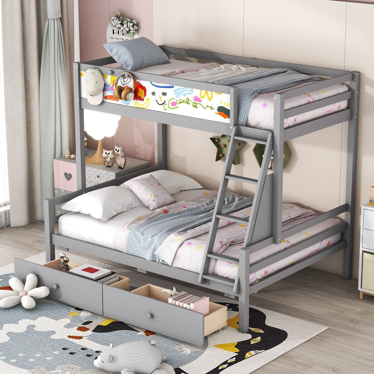Twin over Full Multi-functional Storage Bunk Bed with 3 Hooks and 2 Drawers