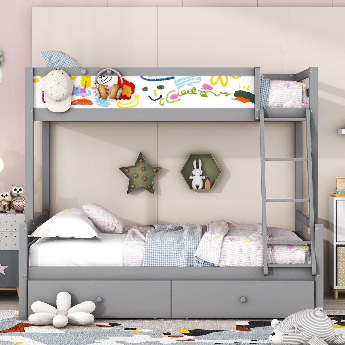 Twin over Full Multi-functional Storage Bunk Bed with 3 Hooks and 2 Drawers