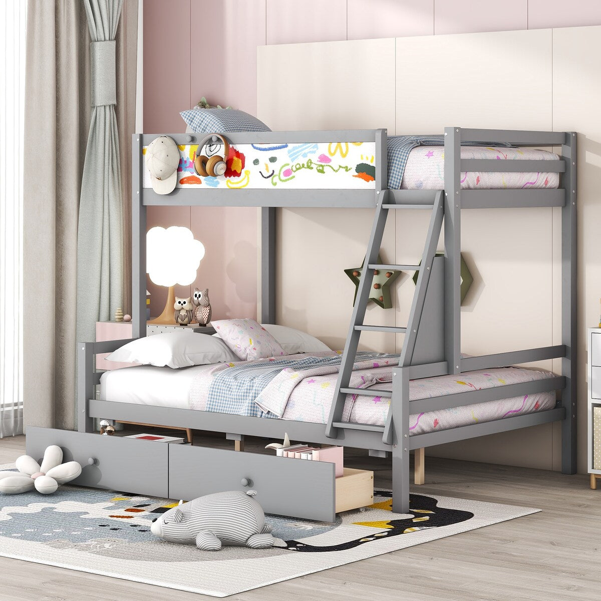 Twin over Full Multi-functional Storage Bunk Bed with 3 Hooks and 2 Drawers