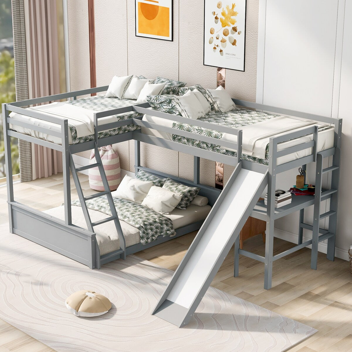 Twin over Full Triple Bunk Bed with Built-in Desk and Slide, Full-Length Guardrail, Twin Size Loft Bed, Space-Saving