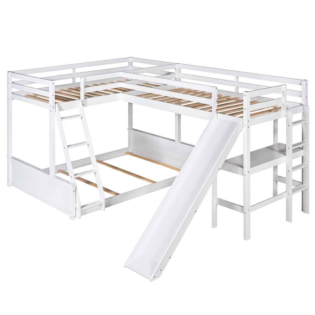 Twin over Full Triple Bunk Bed with Built-in Desk and Slide, Full-Length Guardrail, Twin Size Loft Bed, Space-Saving