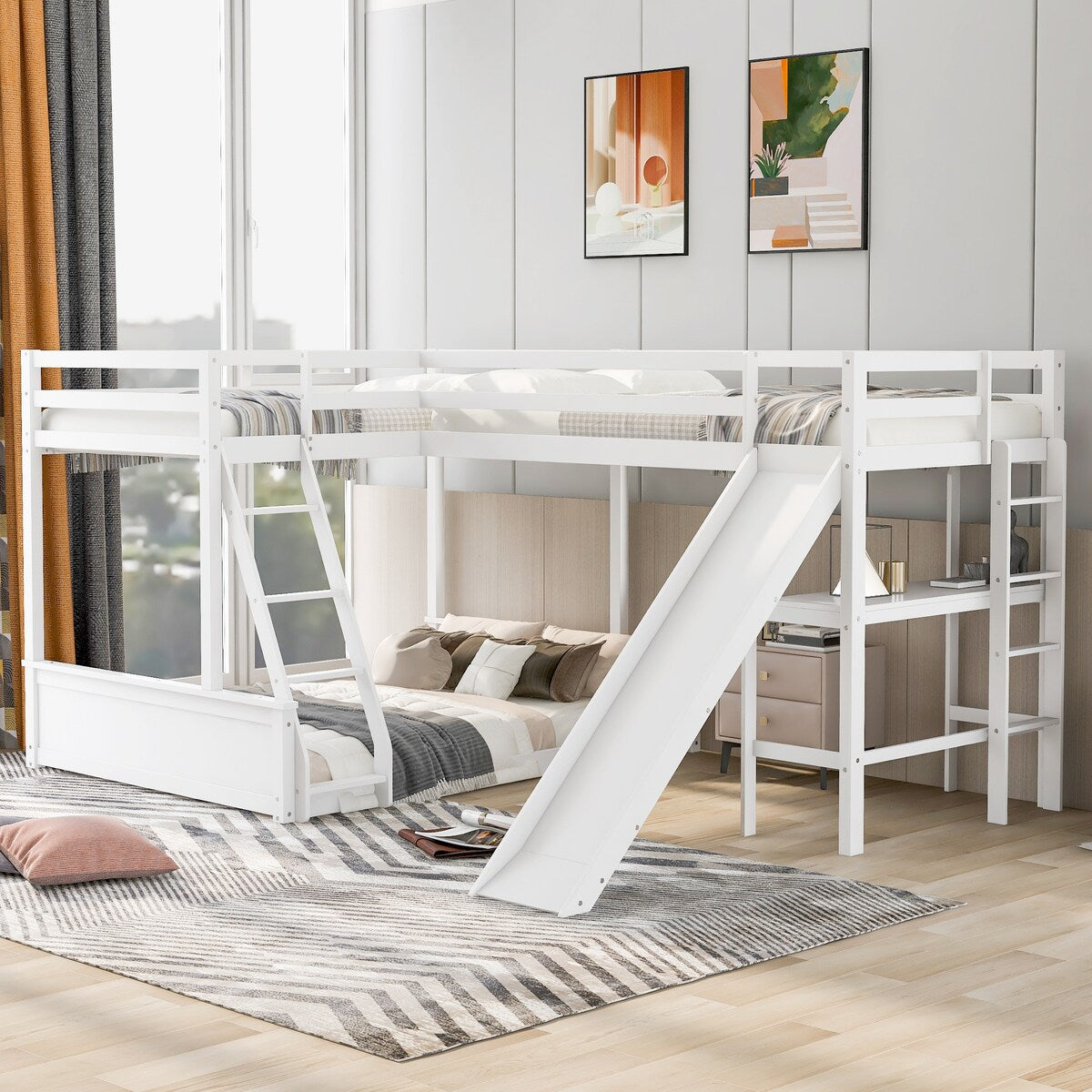 Twin over Full Triple Bunk Bed with Built-in Desk and Slide, Full-Length Guardrail, Twin Size Loft Bed, Space-Saving