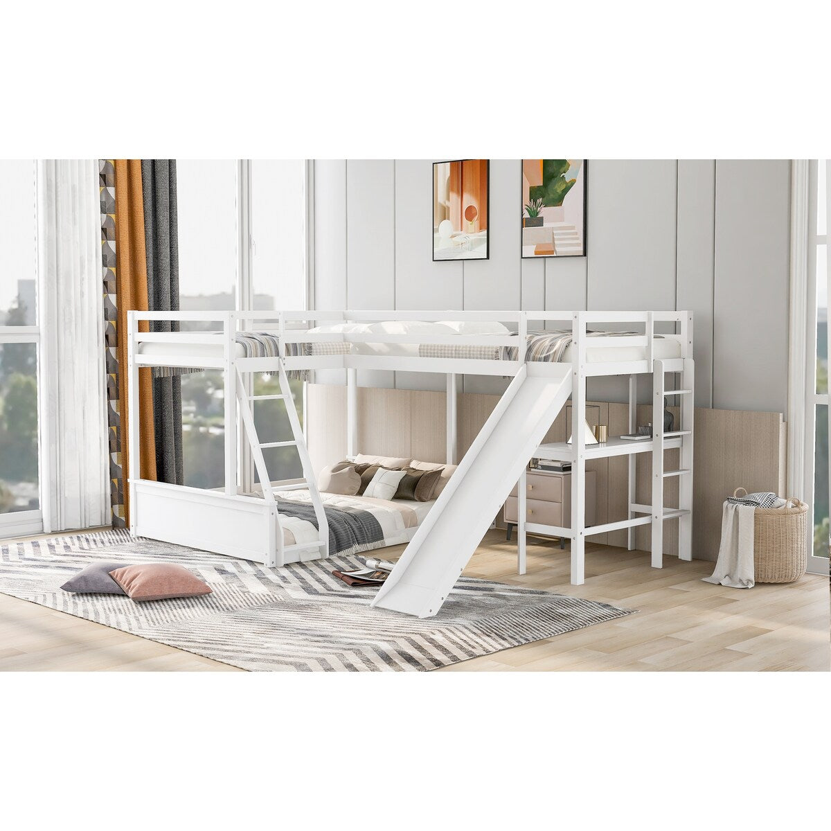 Twin over Full Triple Bunk Bed with Built-in Desk and Slide, Full-Length Guardrail, Twin Size Loft Bed, Space-Saving