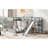 Twin over Full Triple Bunk Bed with Built-in Desk and Slide, Full-Length Guardrail, Twin Size Loft Bed, Space-Saving