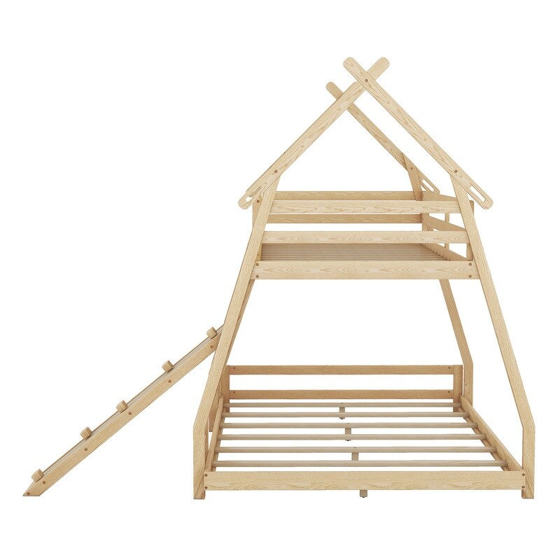 Twin over Queen House Bunk Bed with Guardrails, Climbing Nets and Ramp