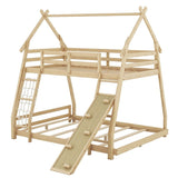 Twin over Queen House Bunk Bed with Guardrails, Climbing Nets and Ramp