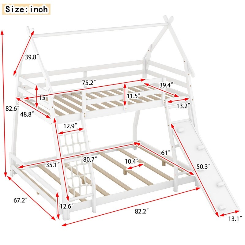 Twin over Queen House Bunk Bed with Guardrails, Climbing Nets and Ramp