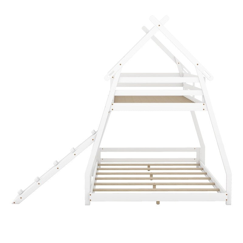 Twin over Queen House Bunk Bed with Guardrails, Climbing Nets and Ramp