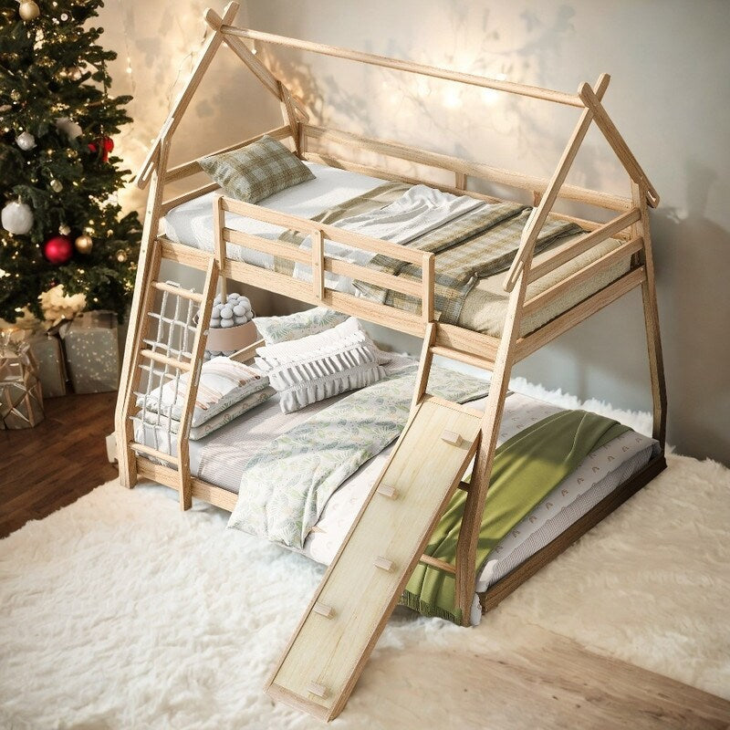 Twin over Queen House Bunk Bed with Guardrails, Climbing Nets and Ramp