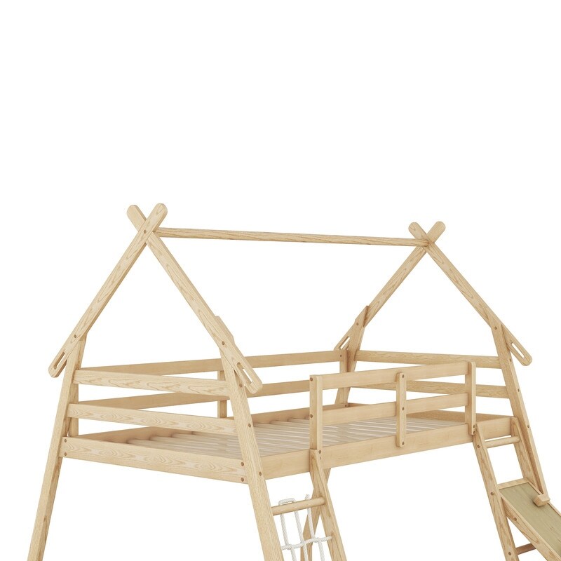 Twin over Queen House Bunk Bed with Guardrails, Climbing Nets and Ramp