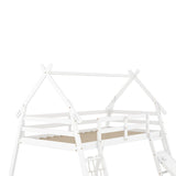 Twin over Queen House Bunk Bed with Guardrails, Climbing Nets and Ramp