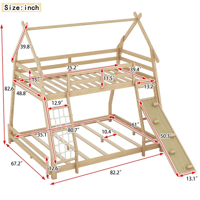 Twin over Queen House Bunk Bed with Guardrails, Climbing Nets and Ramp