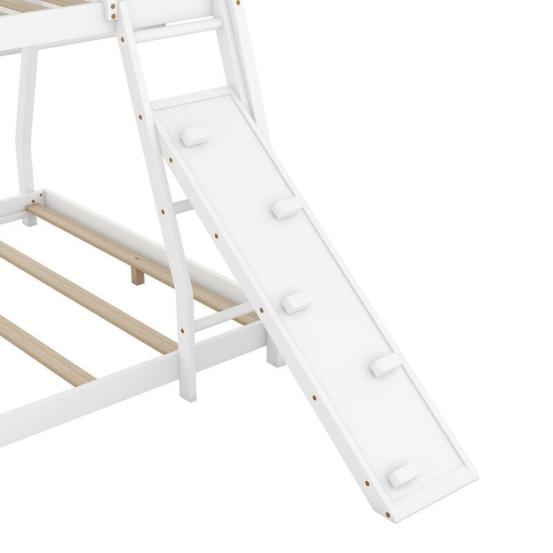 Twin over Queen House Bunk Bed with Guardrails, Climbing Nets and Ramp