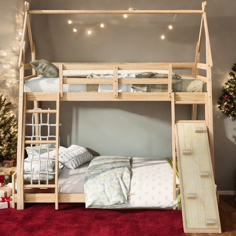Twin over Queen House Bunk Bed with Guardrails, Climbing Nets and Ramp