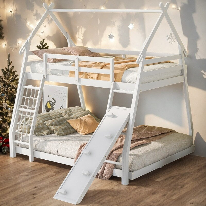 Twin over Queen House Bunk Bed with Guardrails, Climbing Nets and Ramp