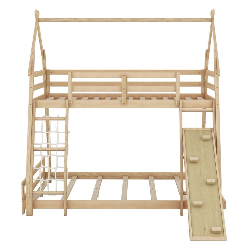Twin over Queen House Bunk Bed with Guardrails, Climbing Nets and Ramp