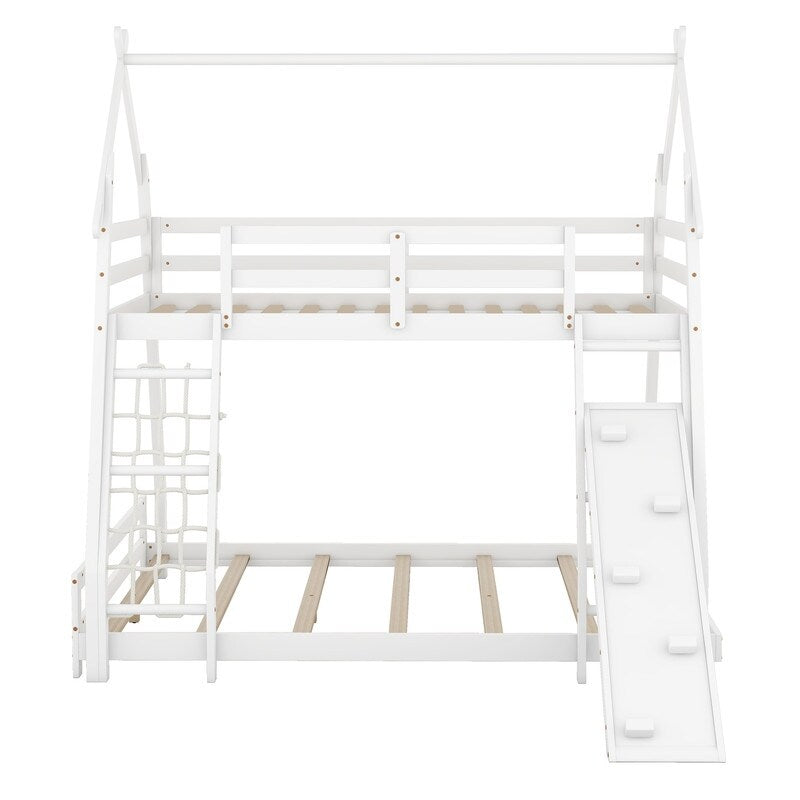Twin over Queen House Bunk Bed with Guardrails, Climbing Nets and Ramp