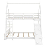 Twin over Queen House Bunk Bed with Guardrails, Climbing Nets and Ramp