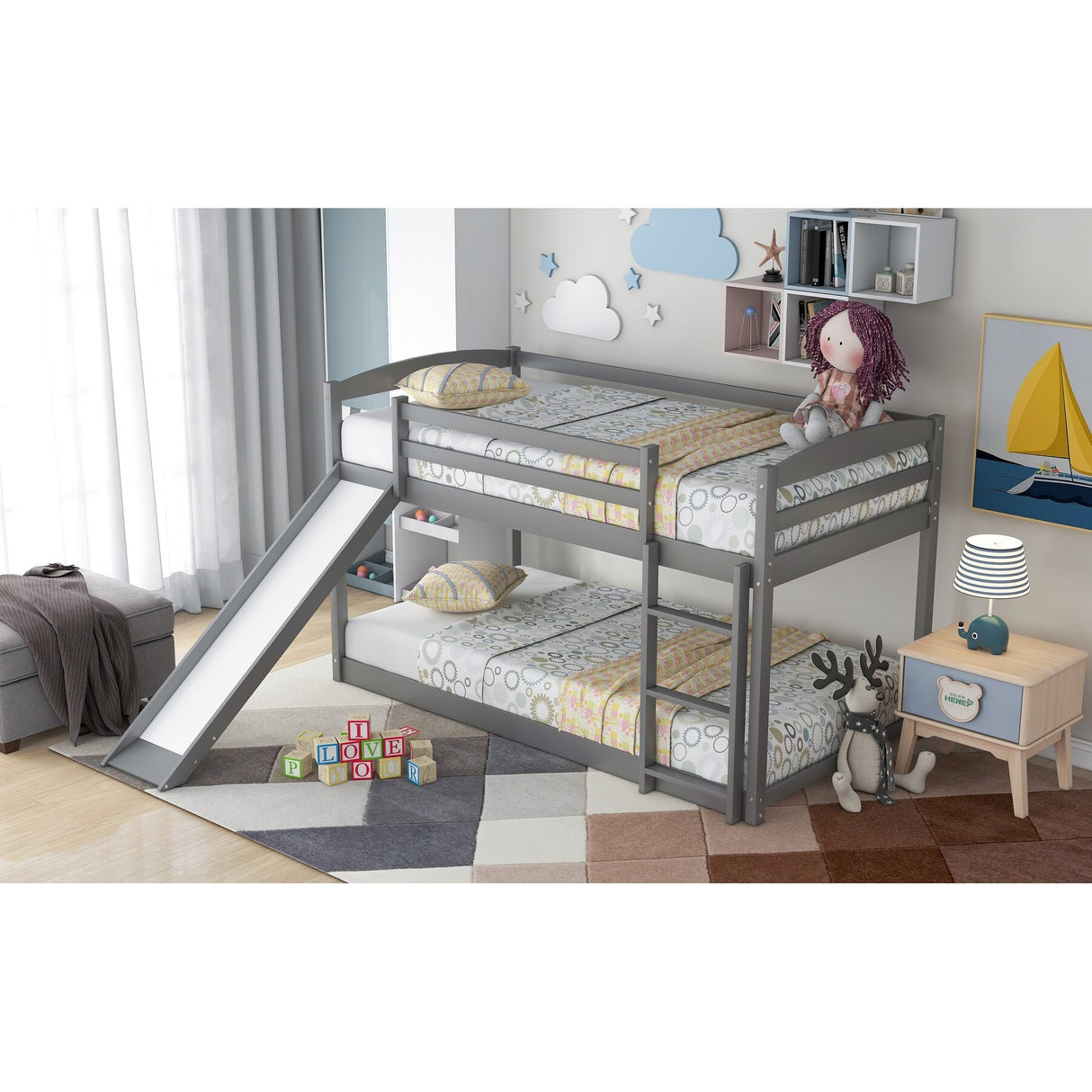 Twin over Twin Bunk Bed with Convertible Slide and Ladder