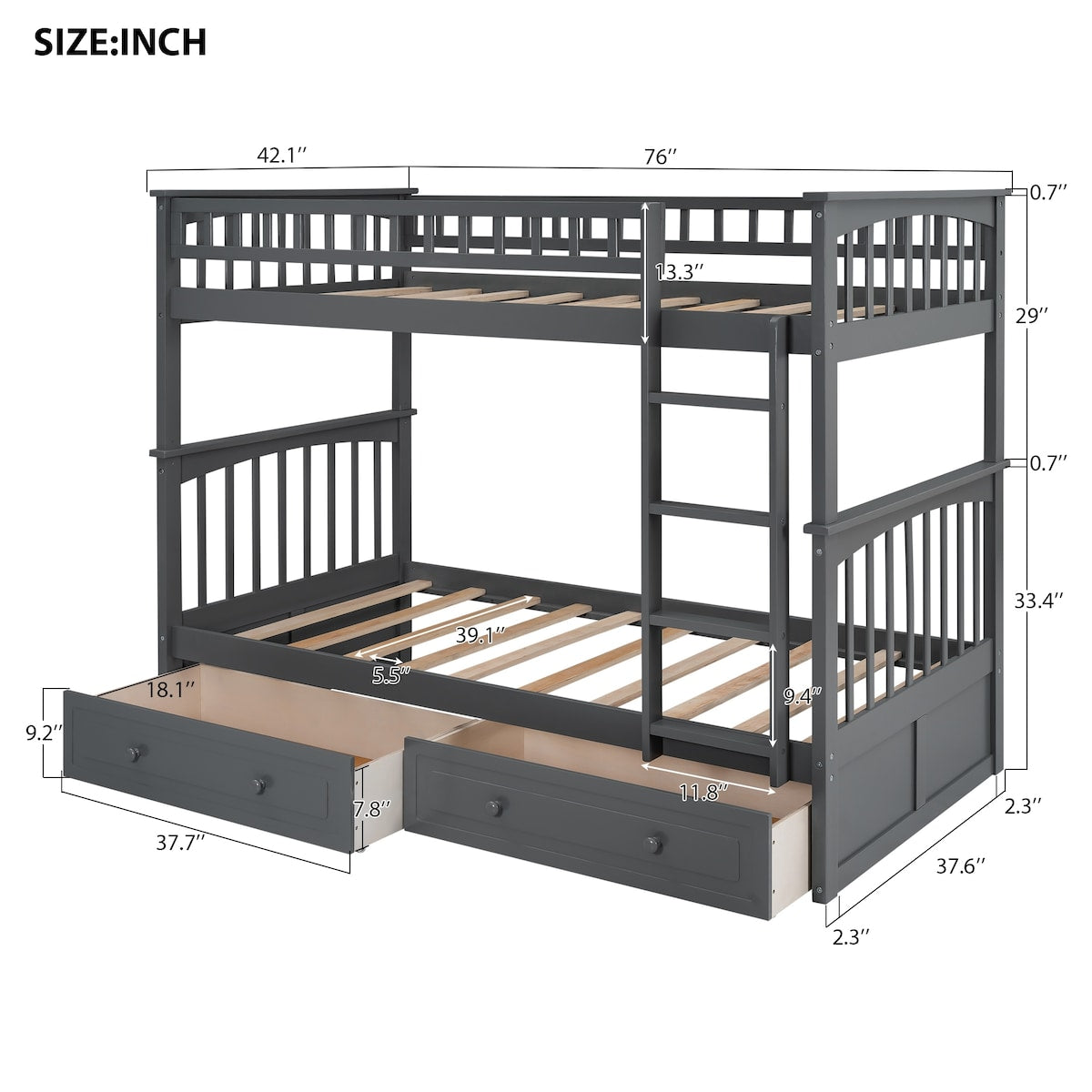 Twin over Twin Bunk Bed with Drawers, Convertible Beds
