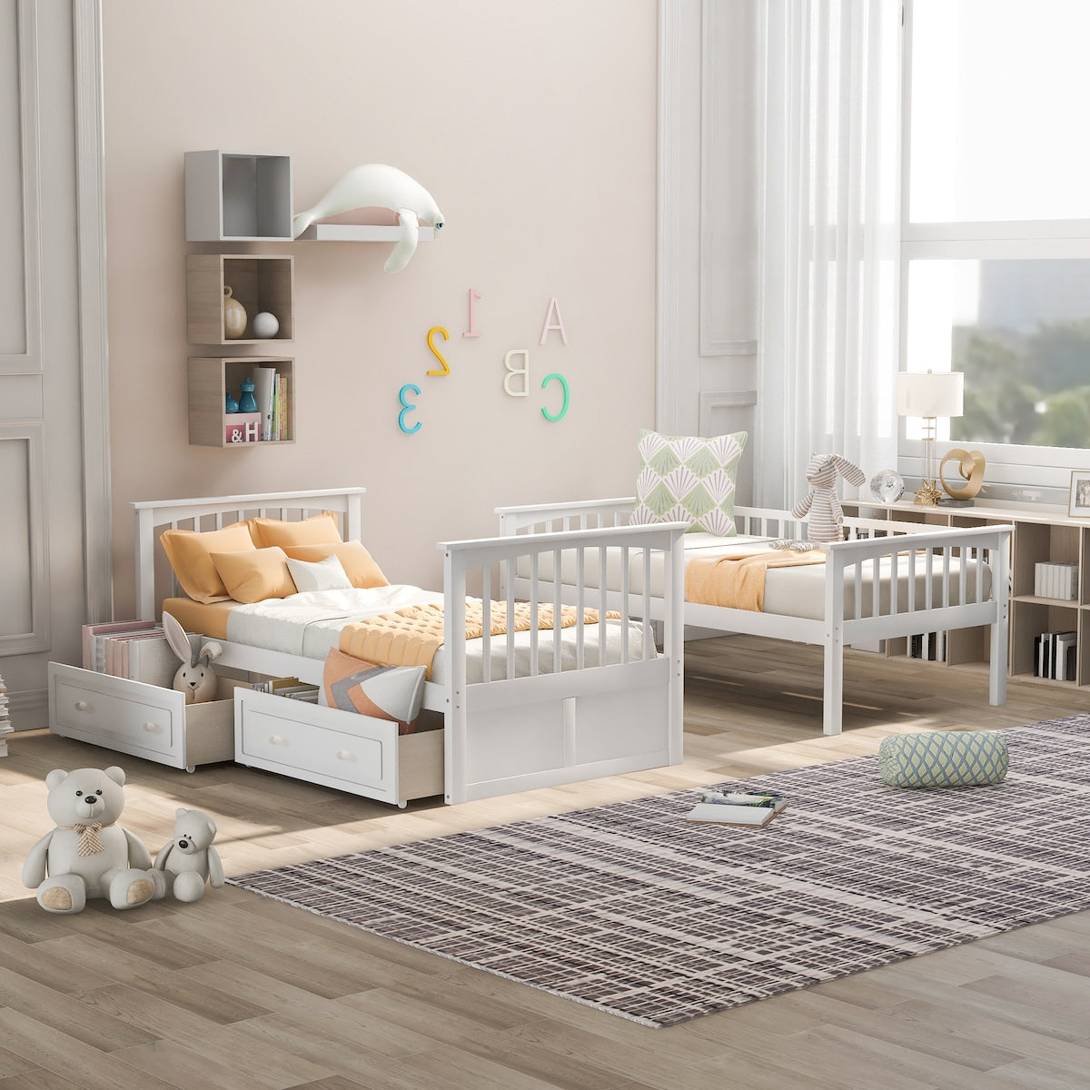 Twin over Twin Bunk Bed with Drawers, Convertible Beds